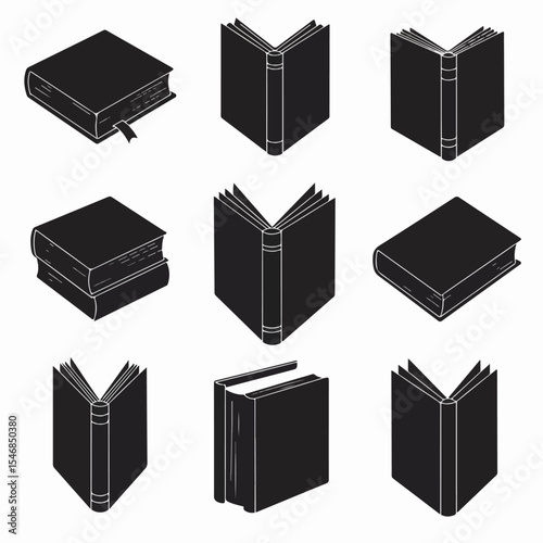 Books collection open closed isometric silhouette style