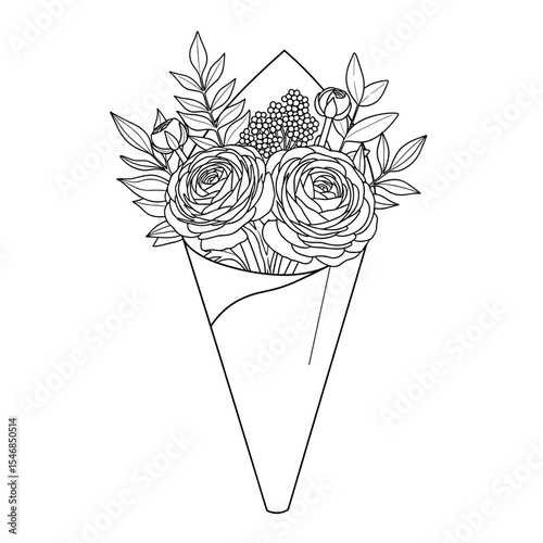 Bouquet of roses and flowers wrapped in paper in a hand-drawn style for floral design and gifting concepts