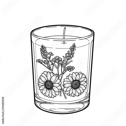 Candle in a glass holder with floral decor in a hand-drawn style for home decor and relaxation concepts