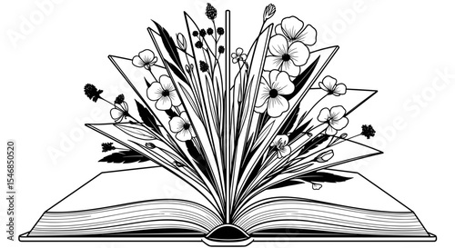 Open book with vibrant flowers sprouting from the pages in a hand-drawn style for literary and floral design concepts