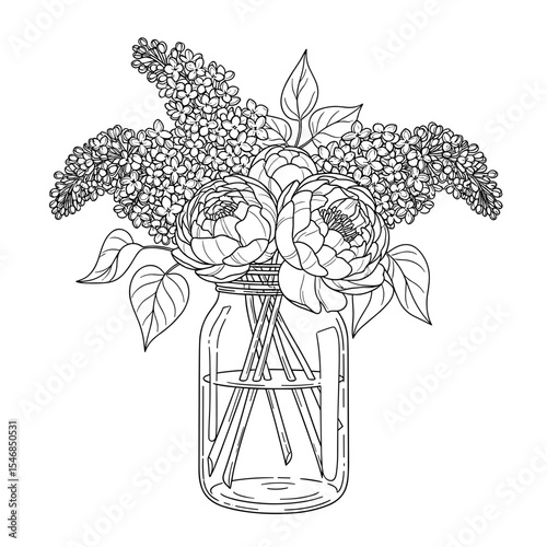 Mason jar filled with lilac and camellia flowers in a hand-drawn style for floral decoration and home decor concepts