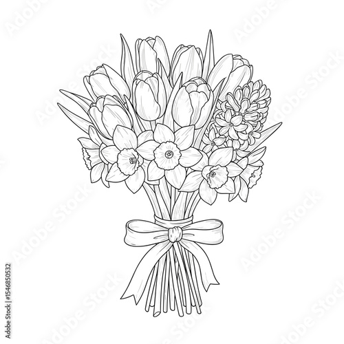 Bouquet of tulips, daffodils, and a flower sprig tied with a ribbon in a hand-drawn style for floral design and gifting concepts
