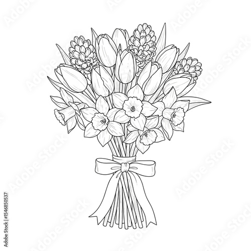 Bouquet of tulips and daffodils tied with a ribbon in a hand-drawn style for floral design and gifting concepts