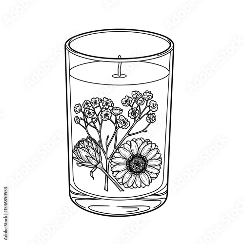 Candle in a glass container with floral elements for decoration in a hand-drawn style