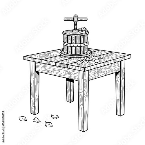 Wooden table with a fruit press and petals in a hand-drawn style for gardening and crafting concepts