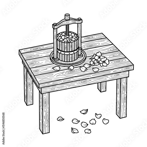 Wooden table with a fruit press and flower petals in a hand-drawn style for gardening and crafting concepts