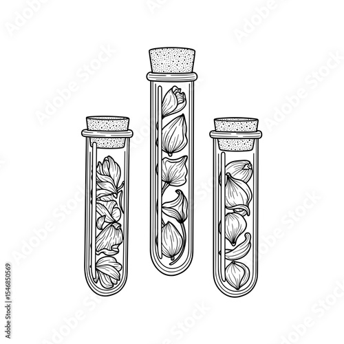 Test tubes filled with dried flower petals in a hand-drawn style for herbal decoration and crafting concepts