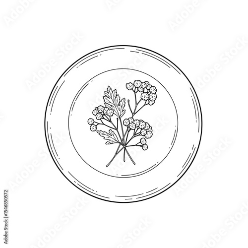 Botanical illustration of flowers on a decorative plate in a hand-drawn style for home decor and floral design concepts