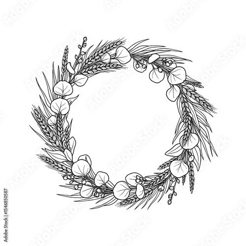 Botanical wreath made of flowers and greenery in a hand-drawn style for decoration and floral design concepts
