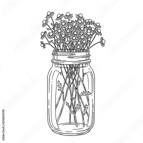 Mason jar filled with wildflowers in a hand-drawn style for floral decoration and home decor concepts