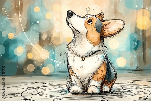 Corgi gazing at glowing lights while sitting on the floor in a cozy, warmly lit room