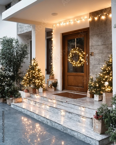 Christmas front door with wreath and glowing fairy lights in winter exterior