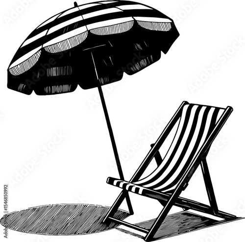 Striped beach umbrella and deck chair illustration