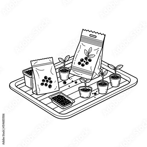 Seed packets and potted seedlings on a planting tray in a hand-drawn style for gardening and planting concepts