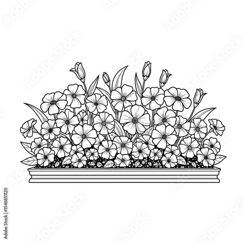 Flower bed overflowing with blooms in a hand-drawn style for gardening and floral decoration concepts
