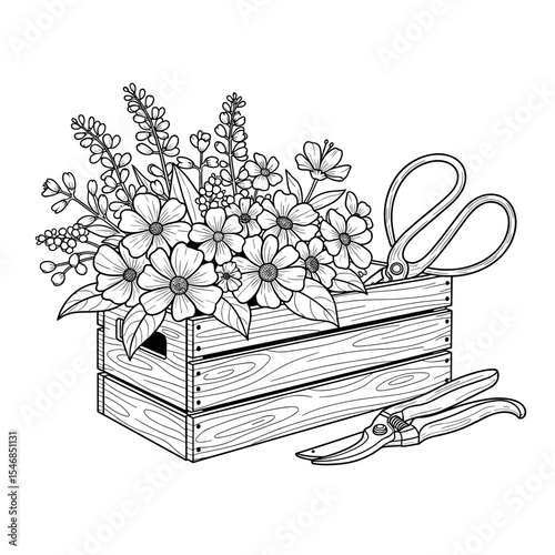 Wooden box filled with flowers and gardening scissors in a hand-drawn style for floral arrangement concepts