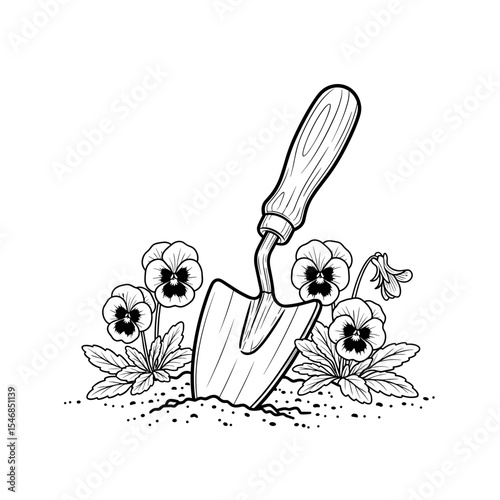 Trowel in soil with pansies and leaves in a hand-drawn style for gardening and planting concepts