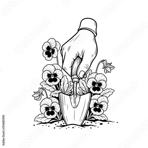Hand planting pansies with a trowel in a hand-drawn style for gardening and planting concepts