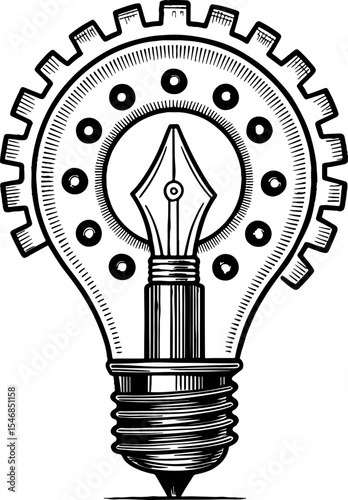 Gear light bulb with fountain pen nib creative idea concept