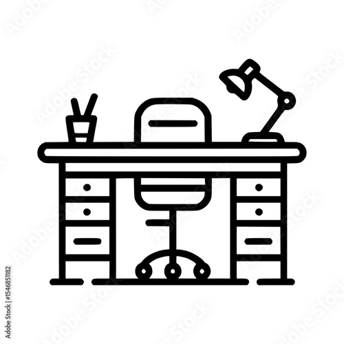 Illustration of an office desk with a lamp, chair, and supplies