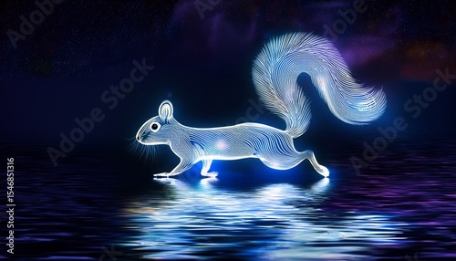 a glowing squirrel walks over the water at nighttime gracefully