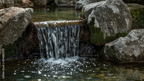 A small waterfall flows in a peaceful zen garden, natural lighting, calm and meditative atmosphere,
Wild,stone,flow,