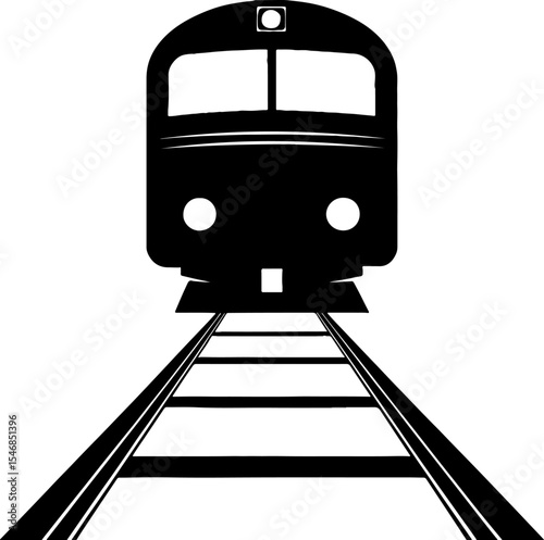 Train silhouette on tracks approaching the viewer