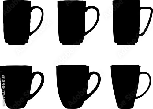 Six black ceramic mugs in different shapes and sizes