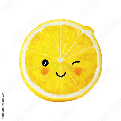 Cute cartoon lemon slice with cheeks and wink, isolated on transparent background 