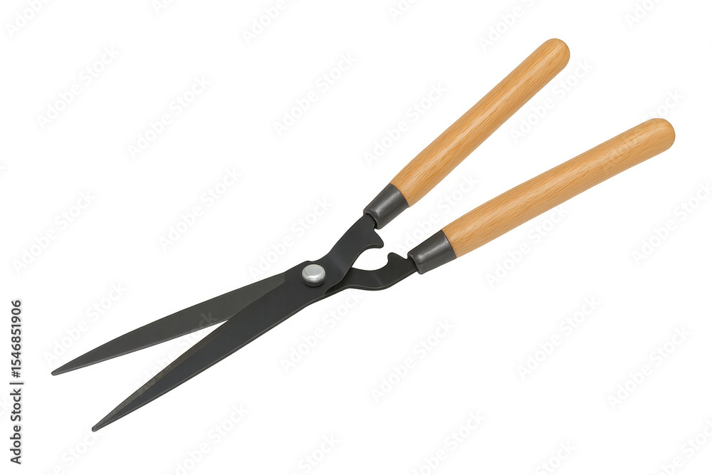 Wooden-handled gardening shears resting on clear surface, positioned for precise cutting and garden maintenance work Wooden-handled gardening shears resting on clear surface, positioned for precise cutting and garden maintenance work