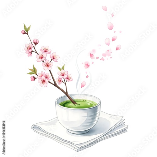 Matcha tea blossoms cup steam pink petals calm
