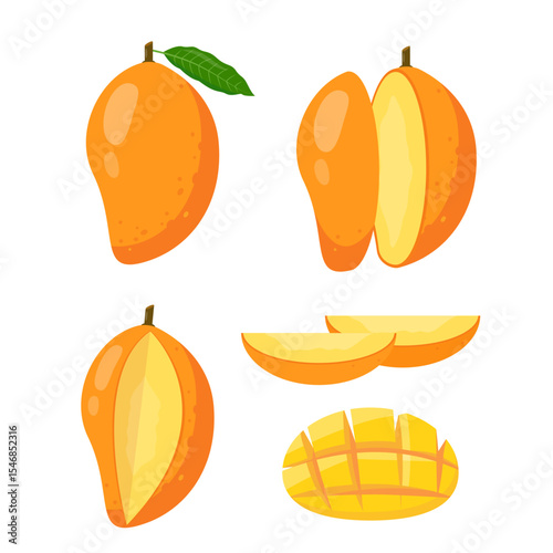 Fresh tropical Mango fruit icons. Whole and cut mango and pieces. Organic fruits for juice, smoothie or vitamin healthy food. Vector icons illustration isolated on white background.