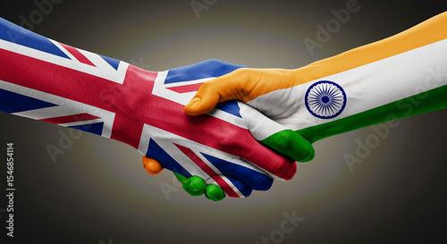 A handshake between hands painted with the flags of the united kingdom and india on a gray background