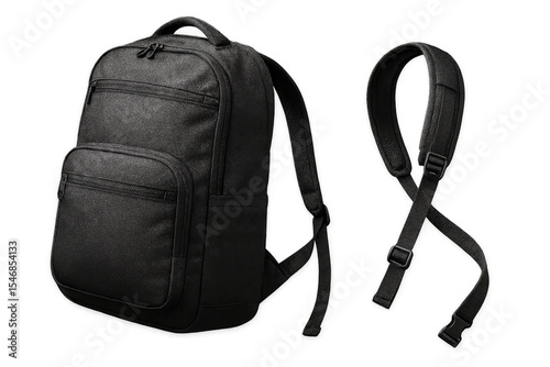 Modern black backpack and shoulder straps isolated on transparent background photo
