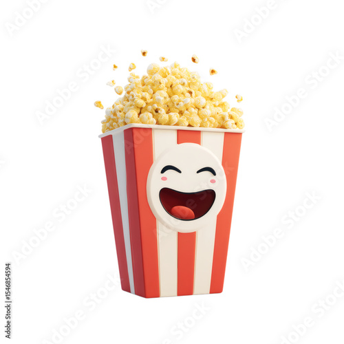 Cute cartoon popcorn box with laughing face, isolated on transparent background 