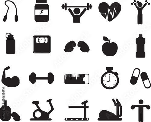 Fitness icons set with black silhouette symbols and medical health illustrations