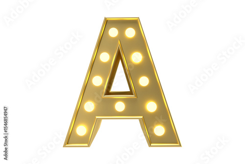 Gold marquee letter a illuminated with warm lights isolated on black background