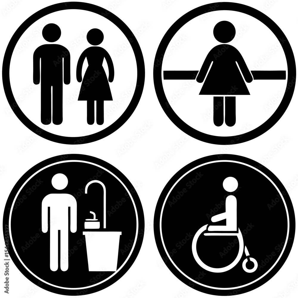 Design a clean and minimalistic icon set in black and white representing common public facility signs. Include icons for male restroom, female restroom, accessible restroom (wheelchair) Design a clean and minimalistic icon set in black and white representing common public facility signs. Include icons for male restroom, female restroom, accessible restroom (wheelchair)