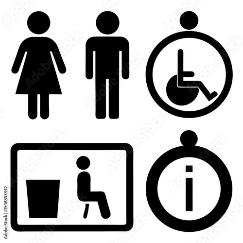 Design a clean and minimalistic icon set in black and white representing common public facility signs. Include icons for male restroom, female restroom, accessible restroom (wheelchair)