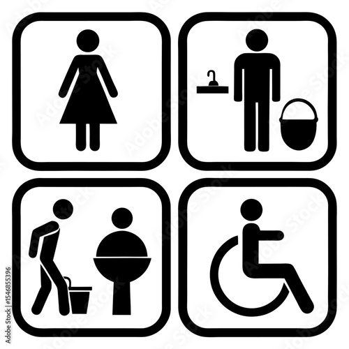 Design a clean and minimalistic icon set in black and white representing common public facility signs. Include icons for male restroom, female restroom, accessible restroom (wheelchair)