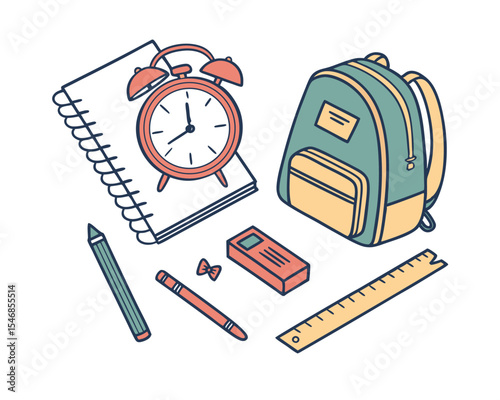 Backpack Alarm Clock Notebook Pencils Ruler and Eraser