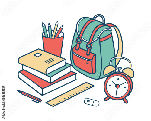 Backpack Books Pencils Alarm Clock Ruler and Eraser
