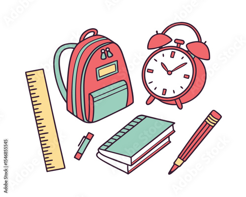 Backpack Books Alarm Clock and Stationery School Supplies Illustration