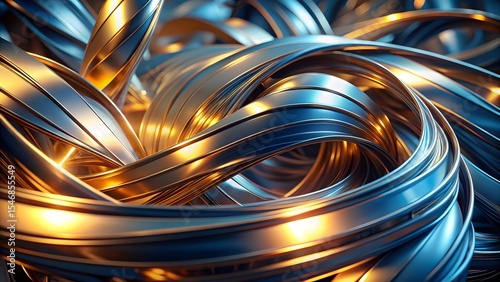 Abstract swirling metallic ribbons, gold and blue hues, dynamic composition, modern design, 3D render, intricate details, elegant curves, luxurious texture,