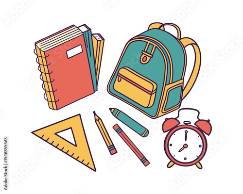 Backpack with School Supplies and Alarm Clock Illustration