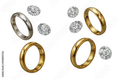 Golden and silver wedding rings with diamonds, isolated on transparent background