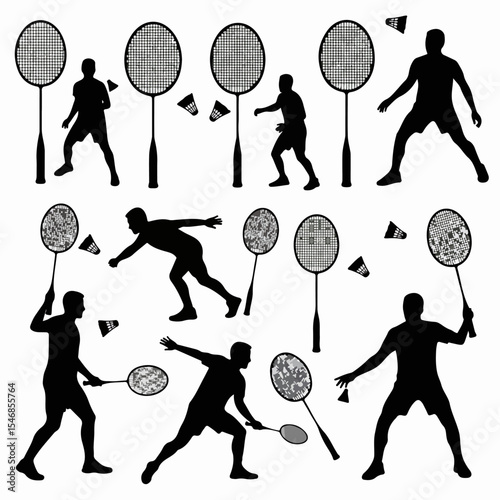 Badminton player silhouettes with shuttlecocks and rackets