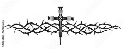 jesus thorn crown, cross and nails isolated on white background