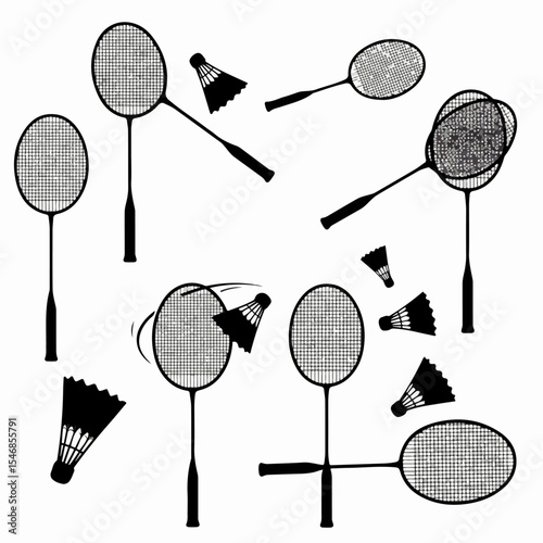 Badminton rackets and shuttlecocks black silhouettes on white