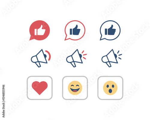 Social Media Icons Set Thumbs Up, Megaphone, Heart, Emojis